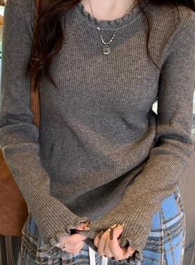 气质高级灰色毛衣女2025秋冬新款内搭针织打底衫超好看木耳边上衣