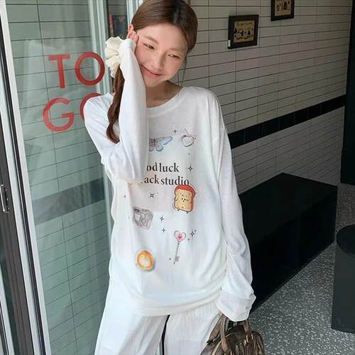 韩系百搭微透长袖T恤女夏季宽松慵懒卡通趣味动漫印花休闲 防晒衫
