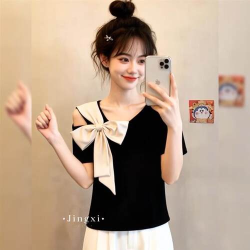 法式蝴蝶结露肩纯棉短袖T恤女2026夏大码胖mm独特漂亮超好看上衣