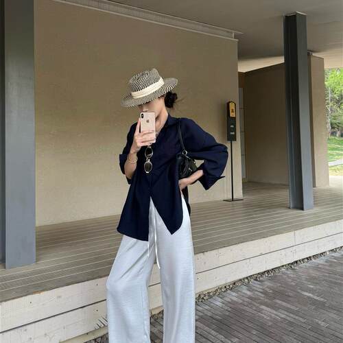 PPHOME老钱风套装早秋覆古藏青色简约气质长袖衬衫缎面凉凉休闲裤