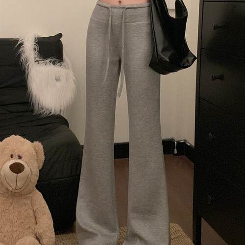 PPHOME灰色抽绳喇叭裤女夏季裤子运动休闲裤设计感低腰拖地裤长裤