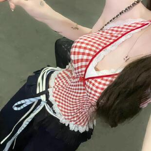 红色格子蕾丝花边挂脖v领吊带背心女夏季韩系设计感蝴蝶结短上衣