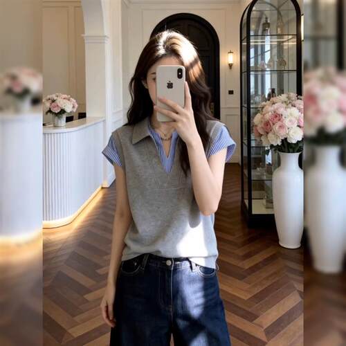 韩系条纹V领假两件短袖t恤女2026夏季大码胖mm时尚百搭高级感上衣