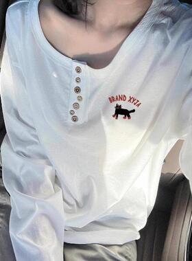 2025秋季新款韩版简约圆领宽松小个子t恤女独特别致白色长袖上衣