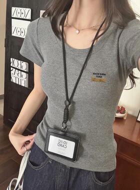 2025夏季韩系独特绝美U领短袖t恤女正肩小个子修身短款打底衫上衣