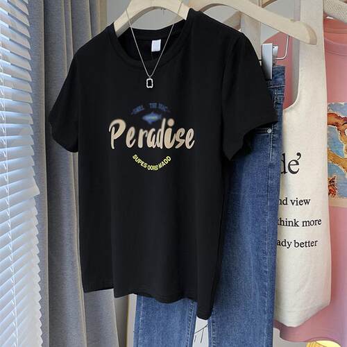 黑色印花正肩短袖宽松T恤女夏季2023新款设计感小众上衣T恤夏装