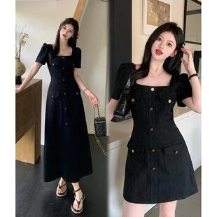 A字裙子 大码 法式 牛仔连衣裙女夏季 收腰显瘦小个子短裙微胖MM短袖