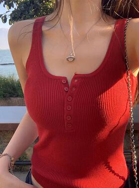 辣妹红色吊带背心女夏季外穿设计感小众修身针织打底上衣2025新款