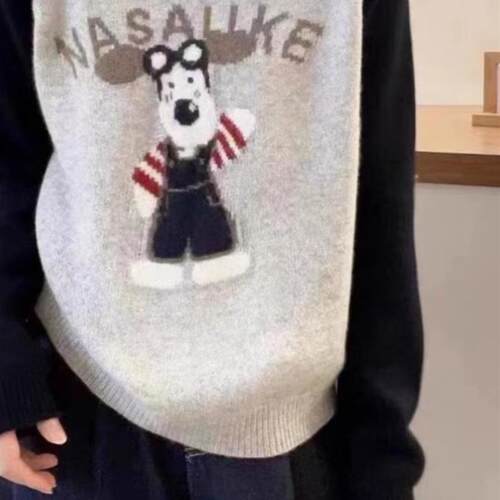 美式慵懒时尚圆领插肩袖2024新款趣味卡通图案小狗软糯毛衣女秋冬