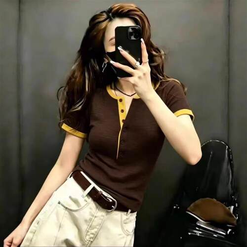 韩系撞色半开领短袖T恤女2026夏新款大码胖mm修身显瘦假两件上衣