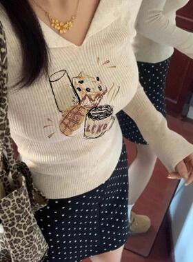 2025秋季新款小众设计感燕麦色Polo领长袖韩系修身内搭针织衫女装