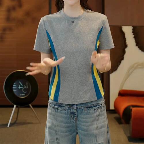 设计感撞色圆领正肩短袖T恤女2026夏大码胖mm修身显瘦高级感上衣