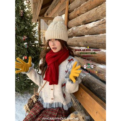 PPHOME自制~新年氛围 耶诞风重工蝴蝶结费尔岛毛衣开衫花边针织衫