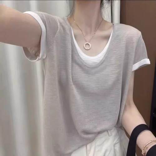 纯棉撞色V领假两件短袖T恤女2026夏薄款大码胖mm气质减龄百搭上衣