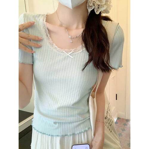 纯欲风蕾丝拼接U领正肩短袖t恤女夏季设计感小众甜辣chic别致上衣