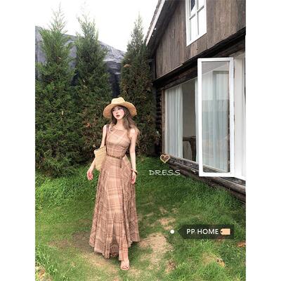 PPHOME法式复古格纹吊带连衣裙女夏季设计感收腰显瘦a字度假长裙