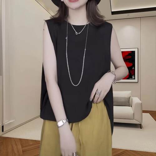 大码黑色无袖t恤女夏季胖MM圆领简约设计感薄款小衫洋气宽松上衣