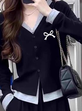 黑色假两件开衫秋季V领修身甜辣妹长袖针织内搭t恤上衣打底衫女生