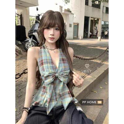 PPHOME辣妹V领蝴蝶结格纹挂脖背心女夏季性感收腰设计感吊带上衣