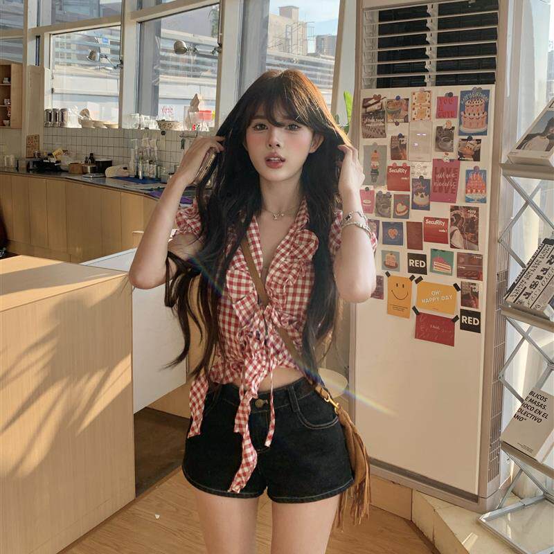 手机性感褶边带子红色格子短袖衬衫女子夏季设计短衬衫上衣