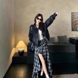 休闲宽松显瘦百搭翻领长袖 2025新款 上衣潮 黑色皮衣外套女秋季 时尚