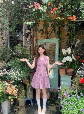莓莓有点辣自制 紫色碎花无袖连衣裙女夏季温柔v领裙子a字裙短裙