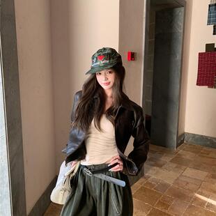 覆古拉炼机车服夹克上衣 2025新款 酷飒风美式 黑色PU皮衣外套女秋季