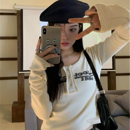 美式性感辣妹T恤女春秋设计小众内搭修身显瘦打底衫短款长袖上衣