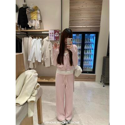 PPHOME自制~lu系纸片人 韩系显瘦连帽外套直筒休闲裤早春遛弯套装