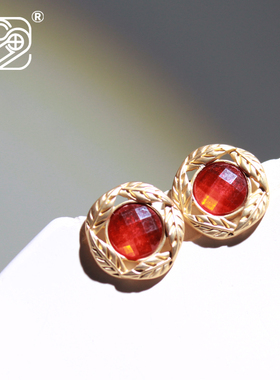 2024春季新款时尚潮流复古树叶磨砂金色红色时尚圆形耳钉女ZD