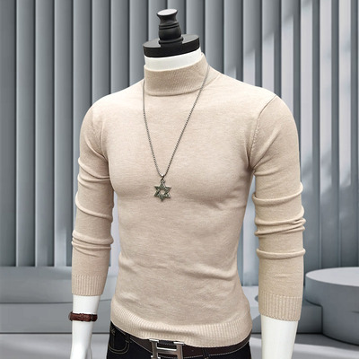 2025男士半高领弹力毛衣秋冬季保暖修身款时尚百搭纯色打底针织衫