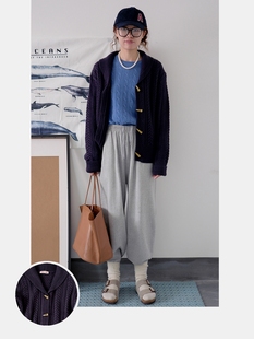 Ohh Cake amy艾米牛角扣麻花毛衣慵懒奶奶风秋冬翻领羊毛针织开衫