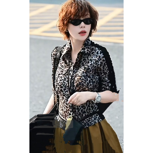 欧洲站2026春夏款 百搭翻领豹纹拼色时尚长袖衬衣