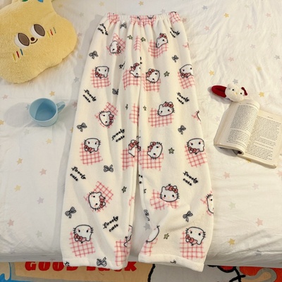 珊瑚绒睡裤女冬季加厚绒卡通KT猫