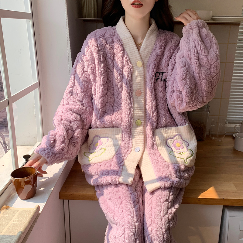 珊瑚绒睡衣女秋冬季加厚甜美花朵