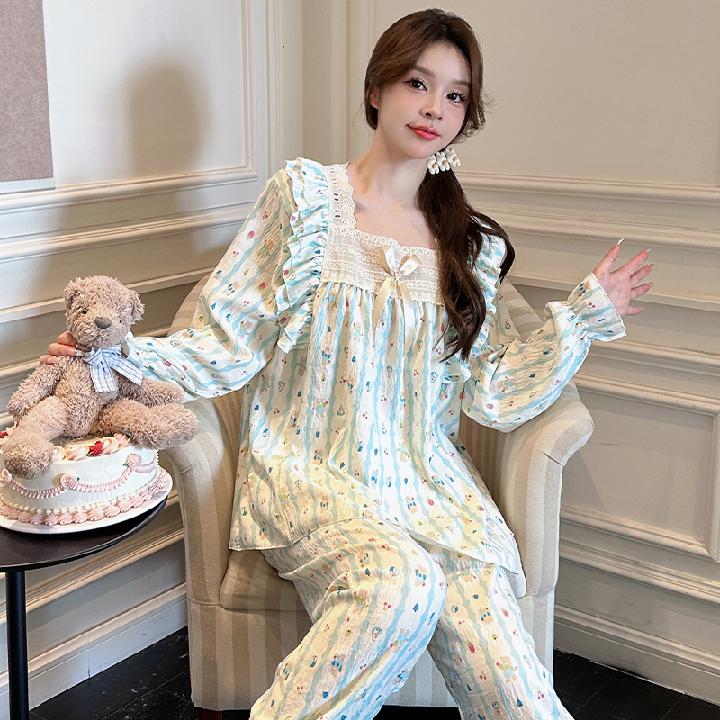 睡衣女春秋季纯棉长袖长裤2025新款甜美公主风蕾丝方领家居服套装
