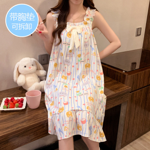带胸垫睡裙女夏季 睡衣家居服 云朵棉无袖 背心吊带网红风甜美中长款