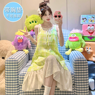 纯棉无袖 带固定胸垫吊带睡裙女夏季 网红风甜美格子花朵睡衣家居服