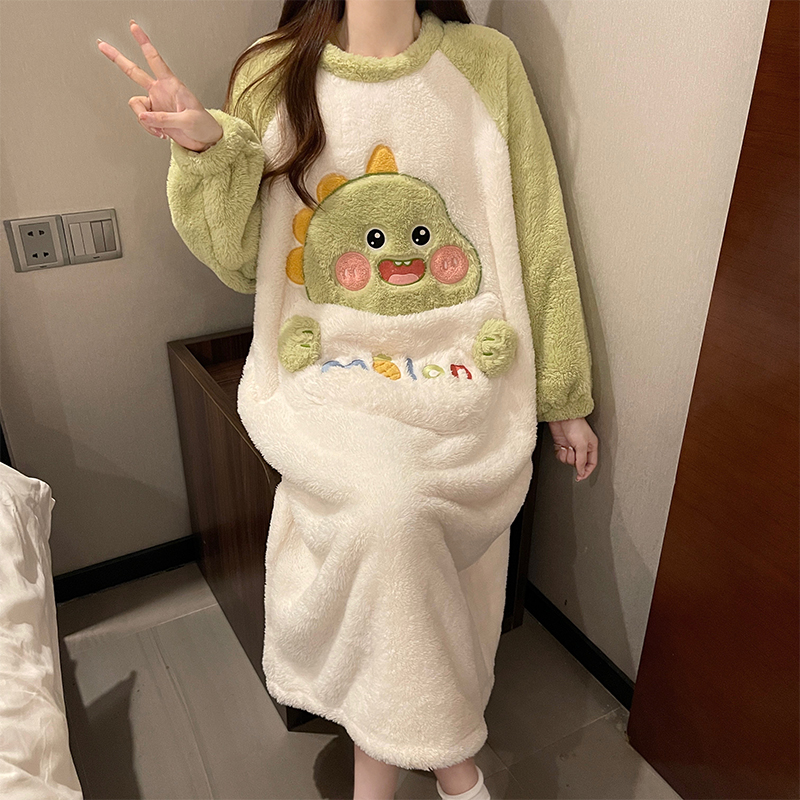 珊瑚绒睡裙女秋冬季加厚加绒法兰绒绿色恐龙中长款大码睡衣家居服