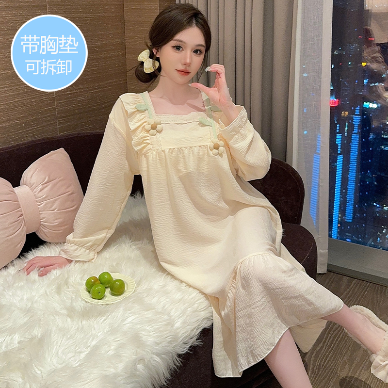 带胸垫睡裙春秋季纯棉长袖大码