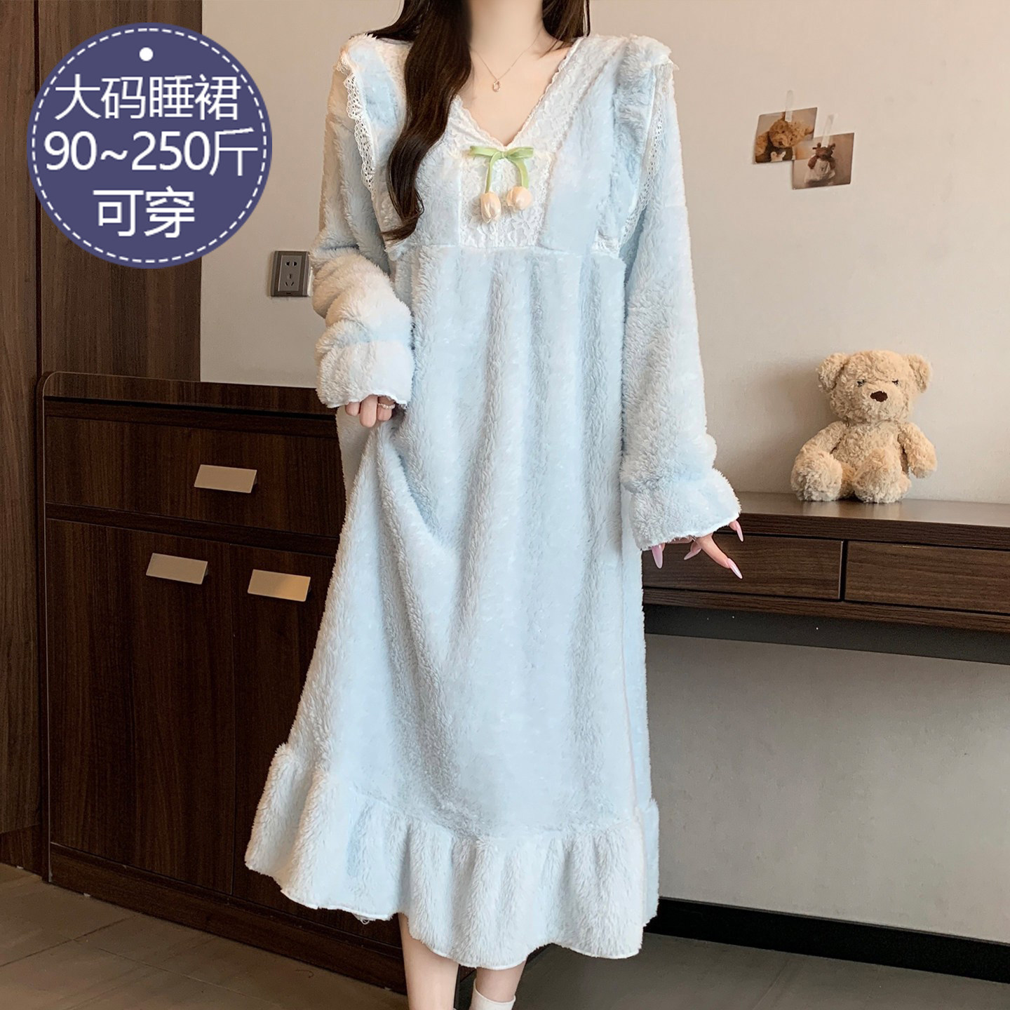 珊瑚绒睡裙女秋冬季加厚绒法兰绒甜美花朵公主风加大码睡衣家居服