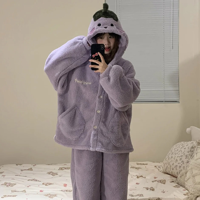 睡衣女秋冬季珊瑚绒加厚绒法兰绒2024新款紫色茄子连帽家居服套装