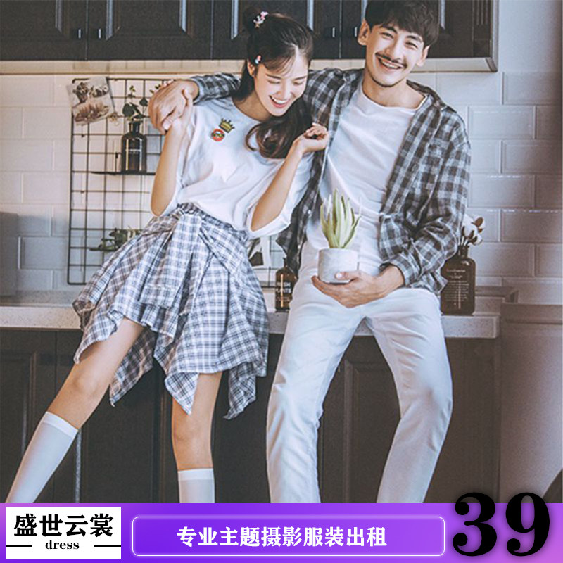 影楼主题夏秋季情侣街拍格子礼服