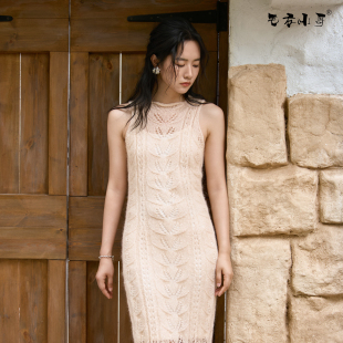 毛衣小哥春秋重工镂空手工编织气质双叶子花背心百搭针织长裙定制