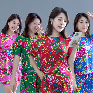 套装 东北大花布衣服 网红吊带民族风短裤 睡衣T恤女 夏棉绸短袖