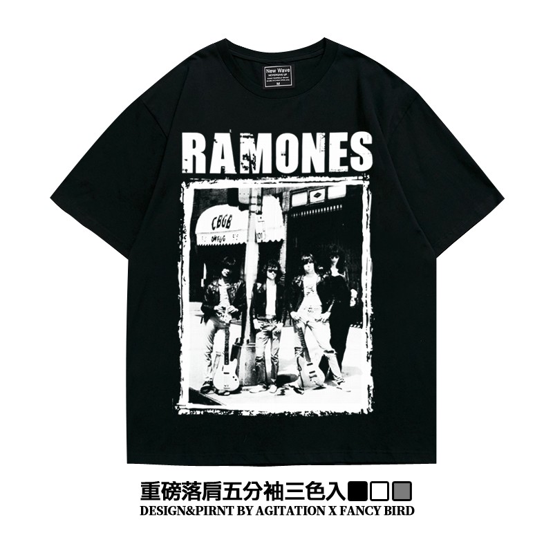 阿美咔叽美式重磅雷蒙斯ramones摇滚五分袖落肩款oversizeT恤男夏