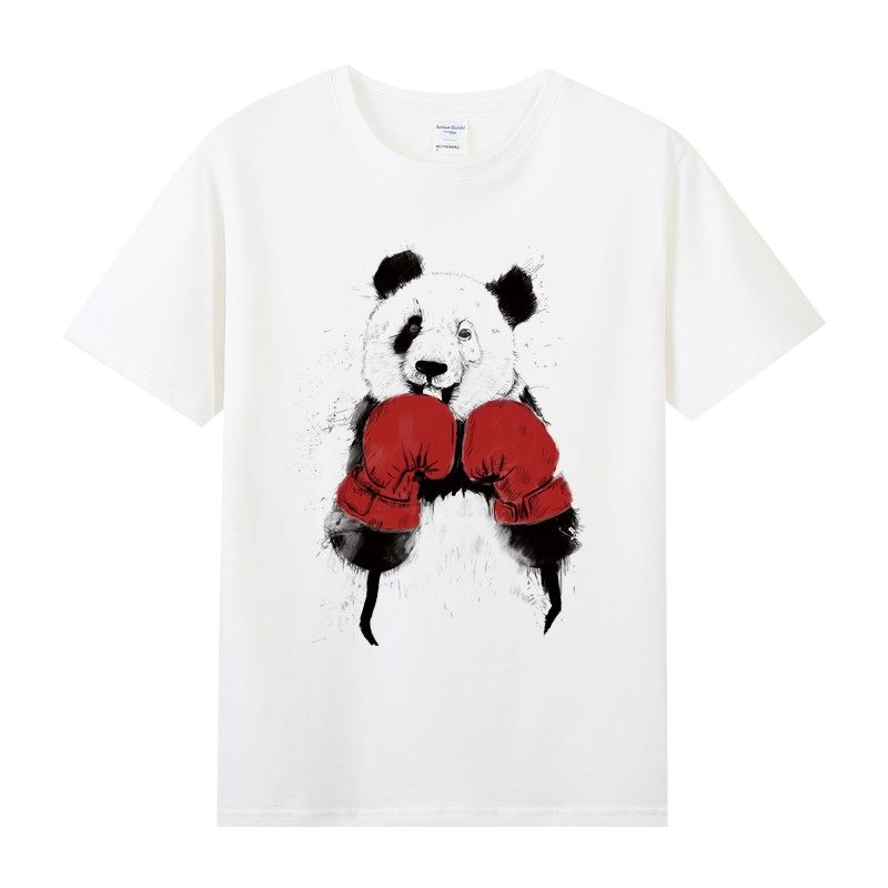 agitation纯棉圆领男t恤短袖半袖夏季男装青少年衣服卡通拳击熊猫