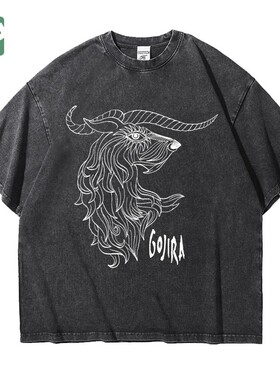 哥斯拉gojira乐队欧美摇滚重磅大码宽松做旧水洗纯棉五分短袖T恤