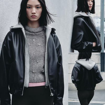 2025冬季新品 女装 时尚甜美百搭拼接皮革效果夹克外套 3046829