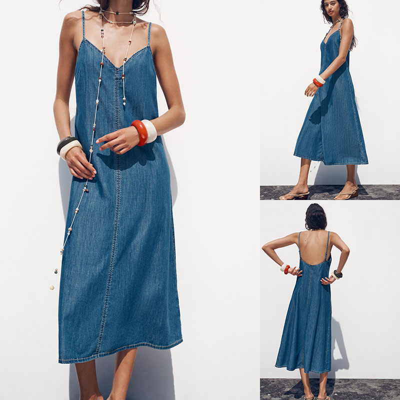 ZA2025夏季新品 女装 气质甜美牛仔吊带迷笛连衣裙 1416025 400